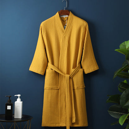 Simple Solid Color Cotton V-neck Bathrobe - Yellow - XL - image 4
