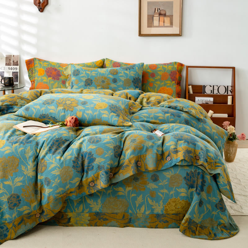 Retro Flower Leaf Cotton Bedding Sets(4PCS) - Button - Blue - King - image 0