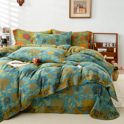 Retro Flower Leaf Cotton Bedding Sets(4PCS) - Button - Blue - King - image 0