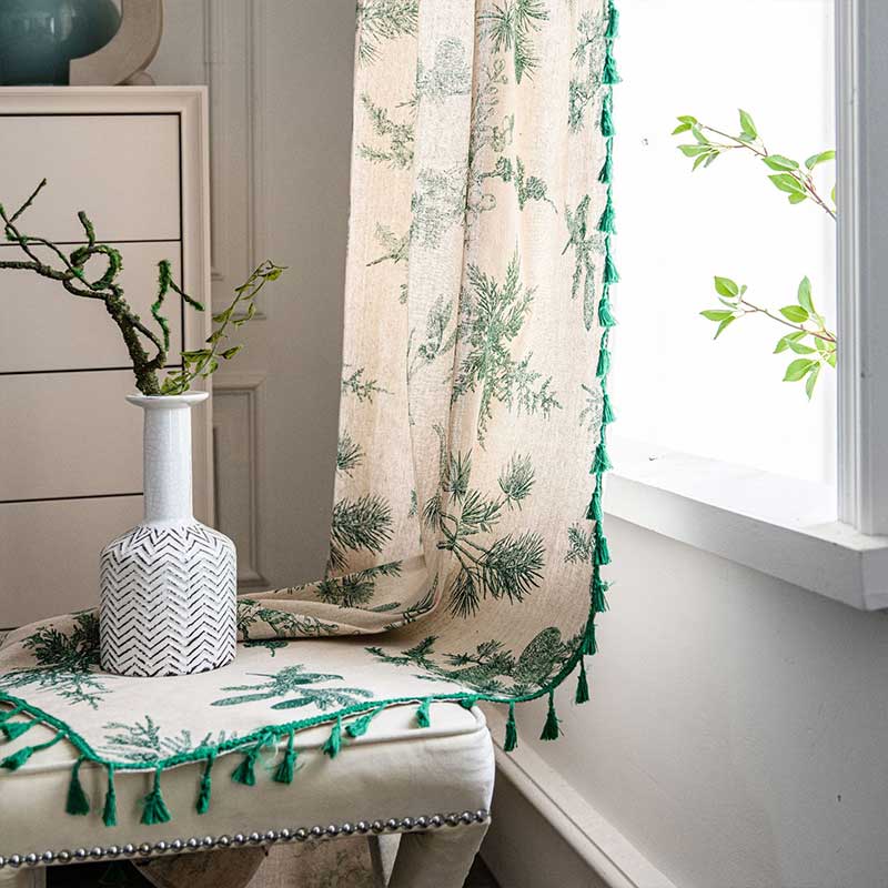 Green Pine Bird Pattern Tassel Curtain - image 3