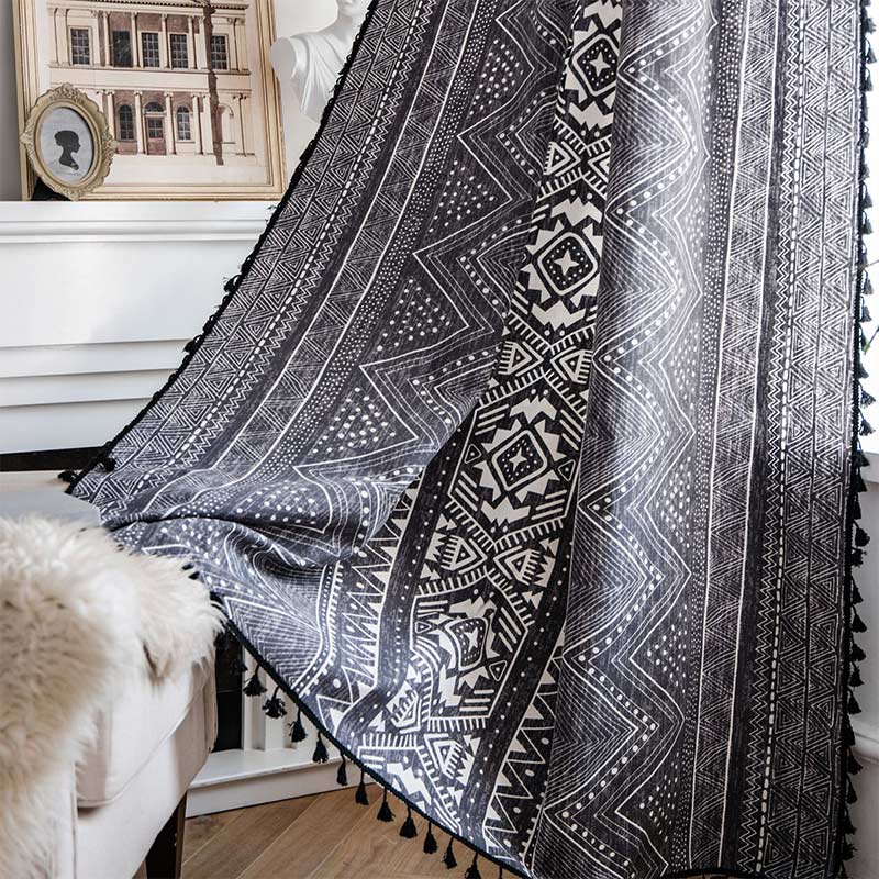 Ownkoti Bohemian Black Geometric Cotton Tassels Curtains - image 1