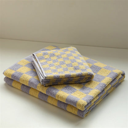 Retro Checkerboard Breathable Cotton Towel - Yellow & Purple - 70cm x 140cm - image 8