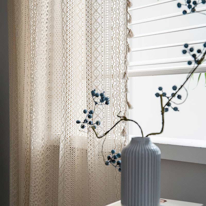 Cotton Beige Curtain Hollow-Out Tassel Drapes - image 5