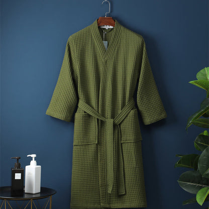 Simple Solid Color Cotton V-neck Bathrobe - Light Green - XL - image 7