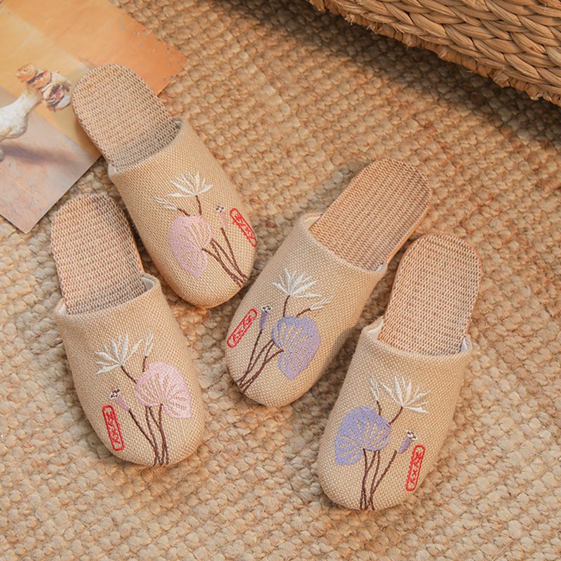 Retro Embroidered Lotus Flax Slippers - Pink Lotus - 3XL - image 0