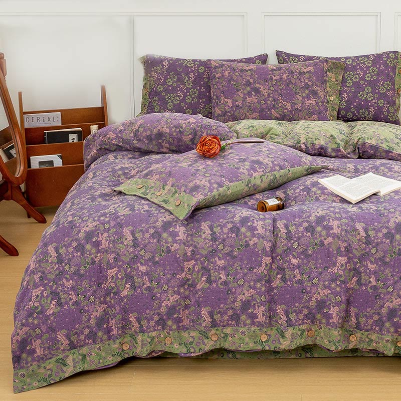 Boho Flower Purple Cotton Bedding Sets(4PCS) - image 1