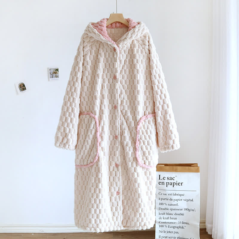 Solid Color Warm Flannel Hooded Bathrobe - Off-white - L - image 11