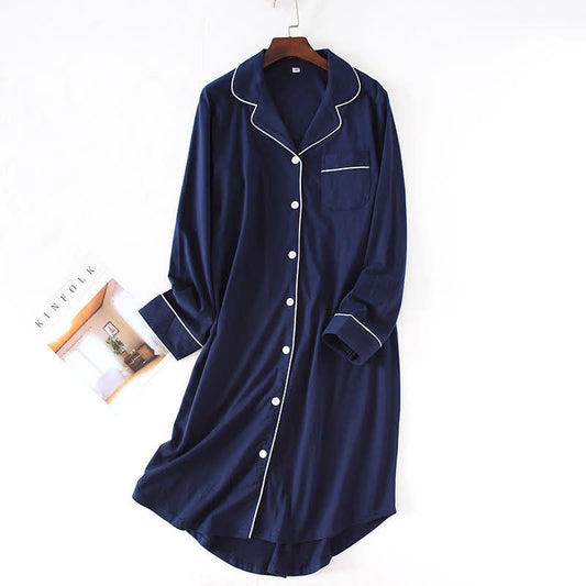 Solid Color Button-down Cotton Nightdress - Navy Blue - L - image 0