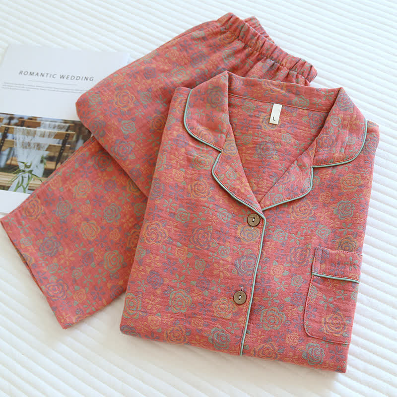 Rose Flower Cotton Lapel Nightwear Set - Pink - XL - image 5