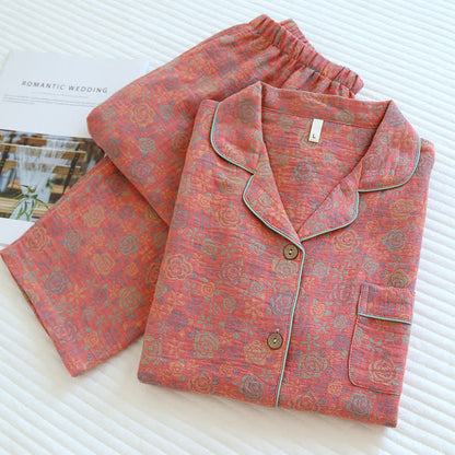 Rose Flower Cotton Lapel Nightwear Set - Pink - XL - image 5