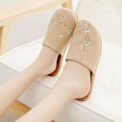 Embroidered Plum Bossom Comfy Flax Slippers - Blue Plum Bossom - L - image 9
