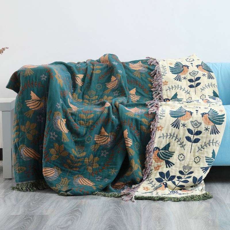 Ownkoti Boho Breathable Flower Bird Reversible Blanket - Blue Green - 90" x 98" - image 0