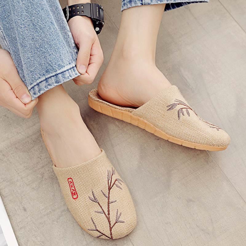 Embroidered Plum Bossom Comfy Flax Slippers - Coffee Bamboo - 3XL - image 13