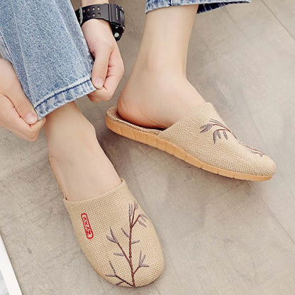 Embroidered Plum Bossom Comfy Flax Slippers - Coffee Bamboo - 3XL - image 13