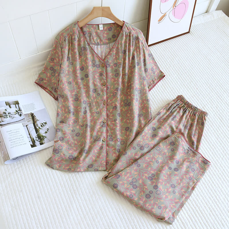 Floral Print Soft Breathable Loungewear Set - Green - XL - image 3