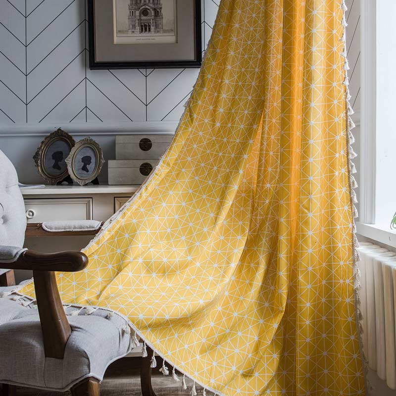 Ownkoti Yellow Plaid Translucent Curtains with Tassels - image 3