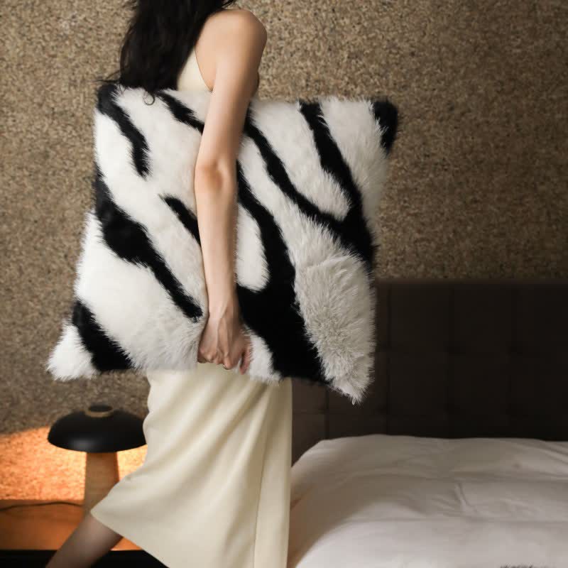 Modern Zebra Print Faux Fur Blanket - Off-white & Black - Pillowcase: 19" x 19" - image 17
