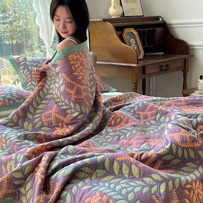 Green & Orange Leaf Cotton Reversible Quilt - image 3