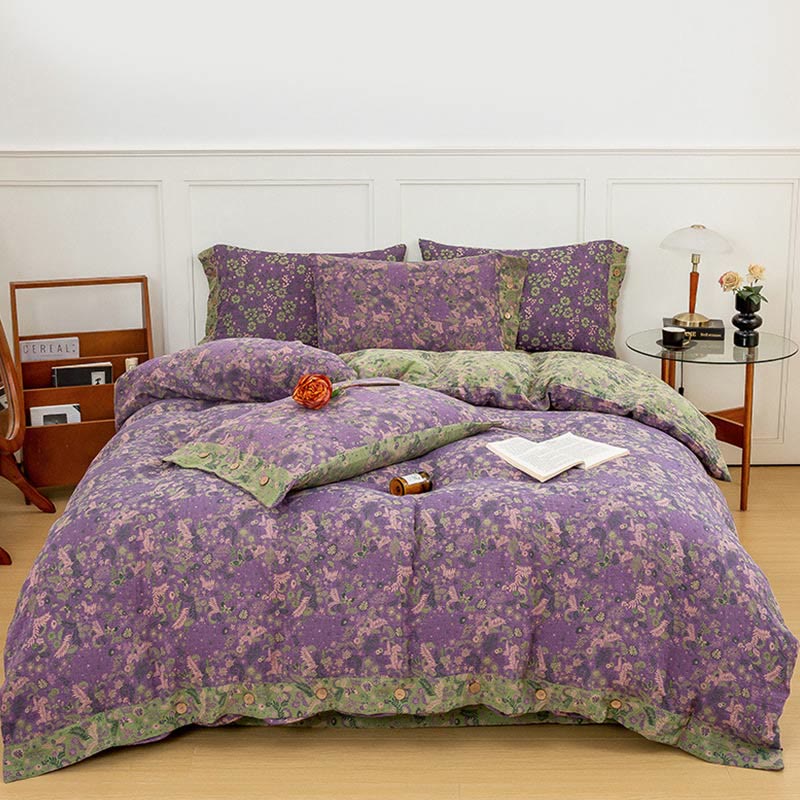 Boho Flower Purple Cotton Bedding Sets(4PCS) - Button - Purple - King - image 0
