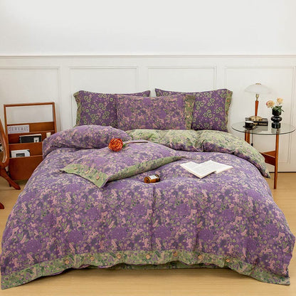 Boho Flower Purple Cotton Bedding Sets(4PCS) - Button - Purple - King - image 0