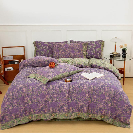 Boho Flower Purple Cotton Bedding Sets(4PCS) - Button - Purple - King - image 0