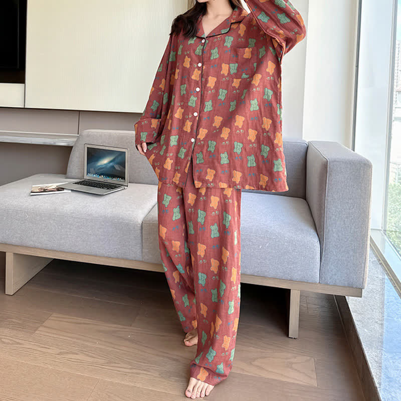 Plus Size Bear Cotton Lapel Loungewear Set - image 3