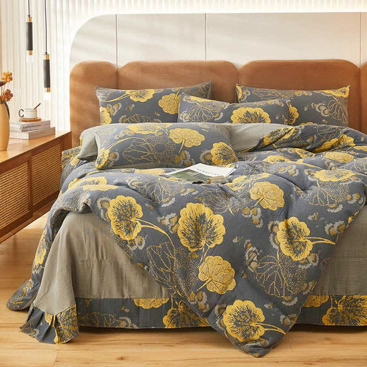 Yellow Leaf Print Cotton Bedding Sets (4PCS) - Dark Grey & Yellow - King - image 0