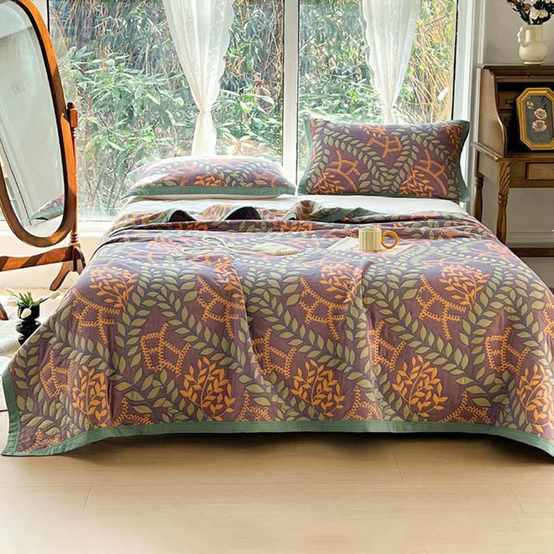 Green & Orange Leaf Cotton Reversible Quilt - image 2