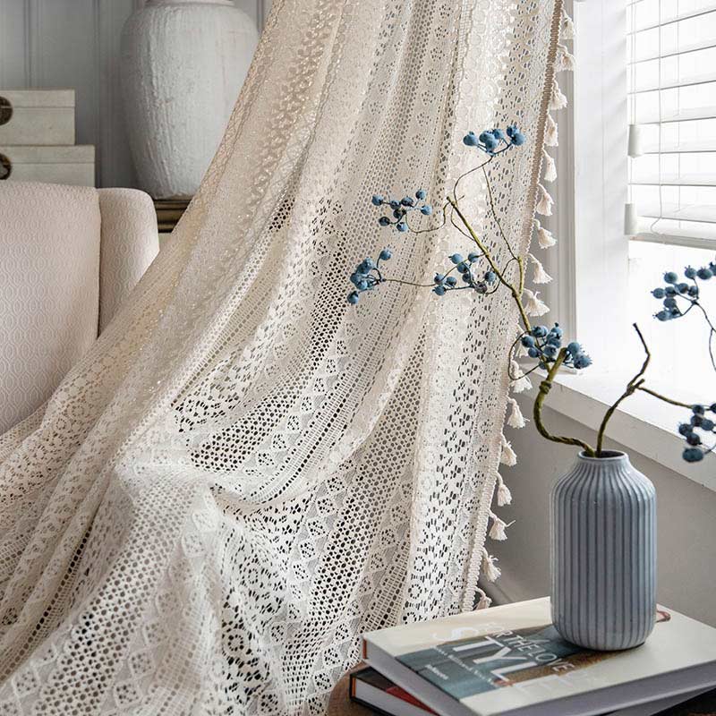 Cotton Beige Curtain Hollow-Out Tassel Drapes - Hook - 59"W×63"L - image 0