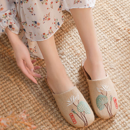 Retro Embroidered Lotus Flax Slippers - Green Lotus - 3XL - image 8