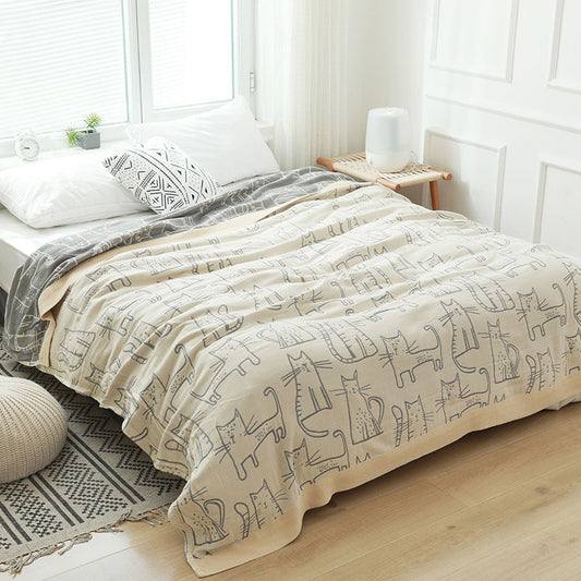 Ownkoti Cat Print Cotton Quilt Reversible Blanket - Yellow - Queen - image 0