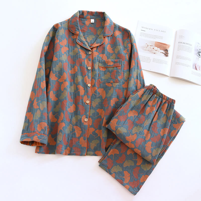Ginkgo Leaf Button Cotton Loungewear Set - Blue - Women - XL - image 0