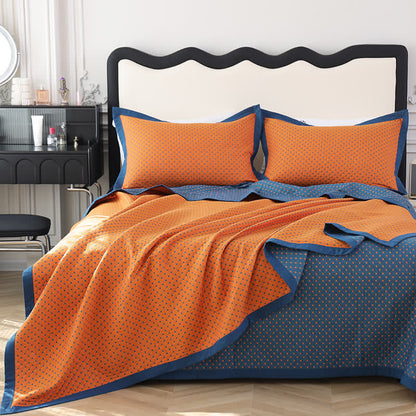 Breathable Soft Cotton Gauze Reverisible Quilt - 1PC Quilt with 2PCS Pillowcases - Orange & Blue - King - image 0