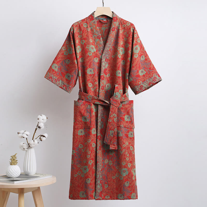 Flower Jacquard Cotton Bathrobe with Belt - Red - XL - image 0