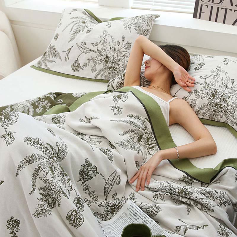 Pastoral Flower Leaf Cotton Reversible Quilt - Gray & Green - King - image 0