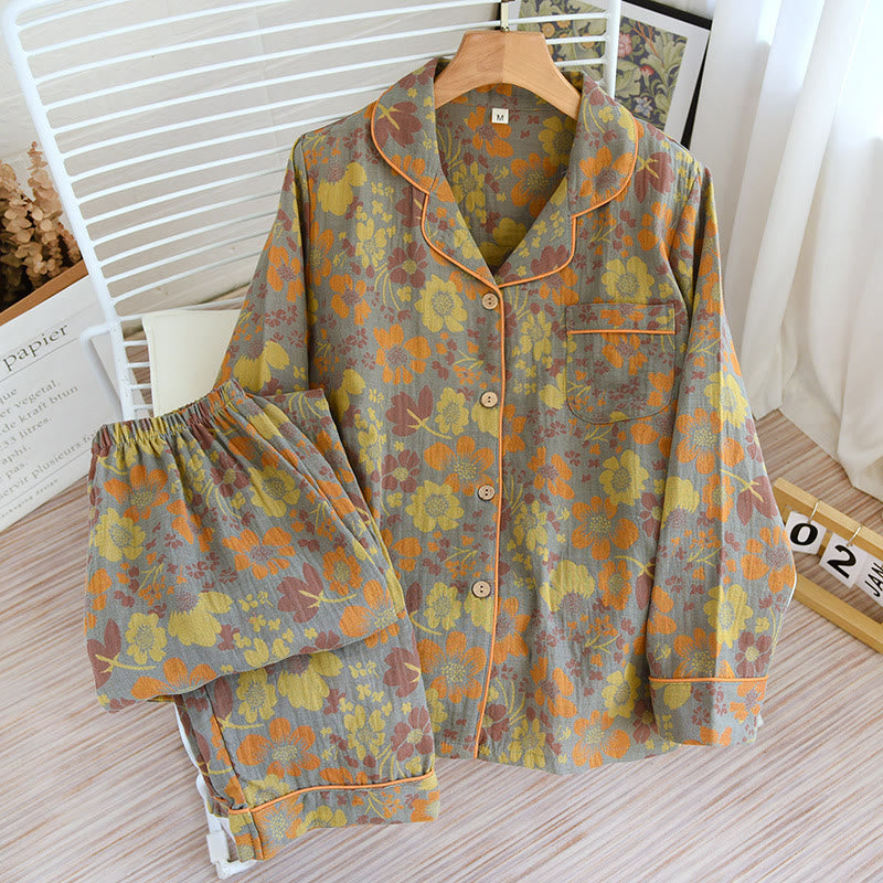 Yellow Daisy Lapel Cotton Loungewear Set - Gray & Yellow - XL - image 0