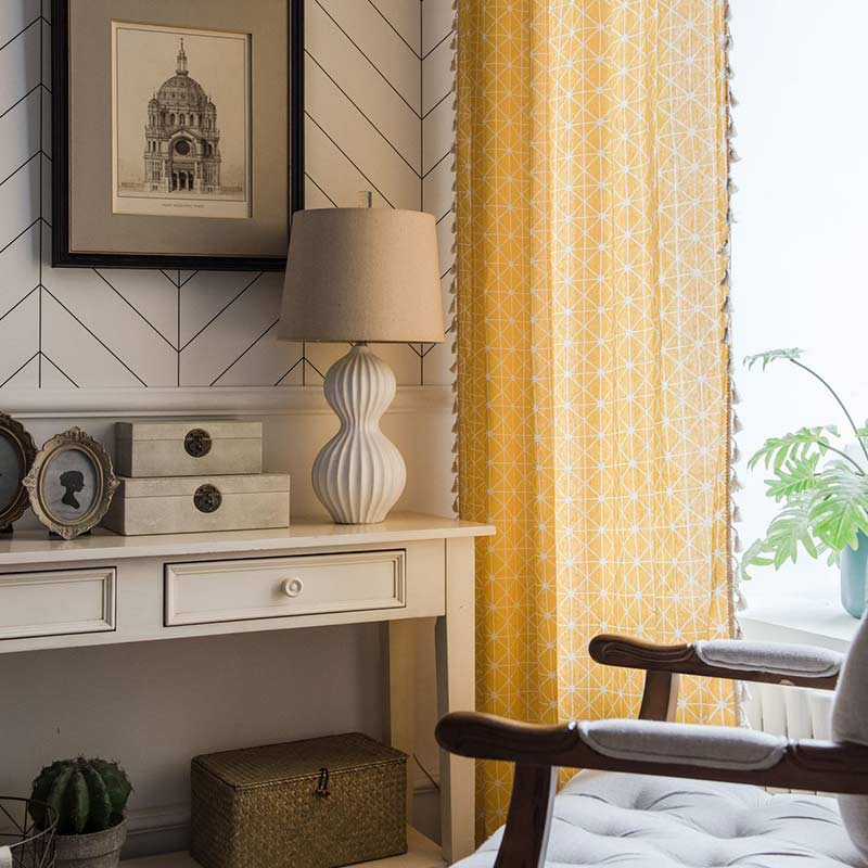 Ownkoti Yellow Plaid Translucent Curtains with Tassels - image 1