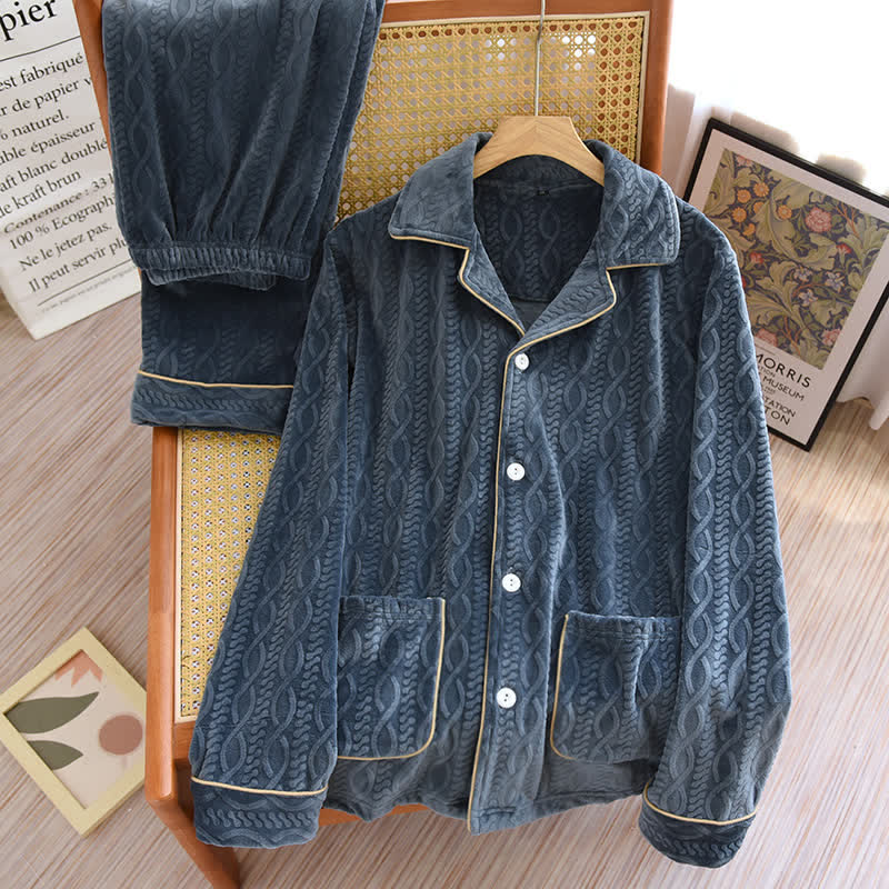 Solid Color Lapel Flannel Pajama Set - Dark Blue - Men XL - image 15