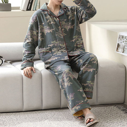 Plant Print Cotton Gauze Loungewear Set - Black - Men - XXL - image 0