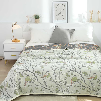 Hawthorn Tree Bird Cotton Reversible Quilt - Green - Queen - image 9