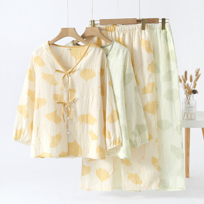 Ginkgo Leaf Bowknot Cotton Loungewear Set - image 0