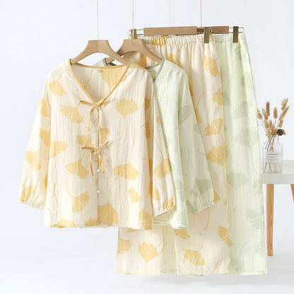 Ginkgo Leaf Bowknot Cotton Loungewear Set - image 0