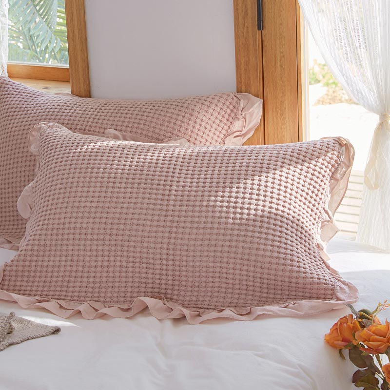 Waffle Weave Cotton Pillowcases with Ruffle (2PCS) - Pink - 50cm x 75cm - image 0