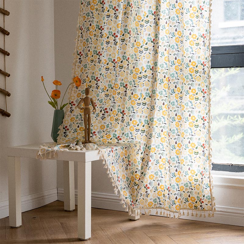 Yellow Flower Tassel Light Filtering Curtain - Hook - 59"W x 110"L - image 0