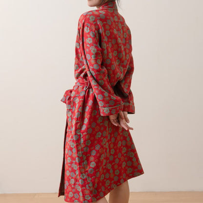 Plum Blossom Cotton Bathrobe With Tie - Red - L - image 0