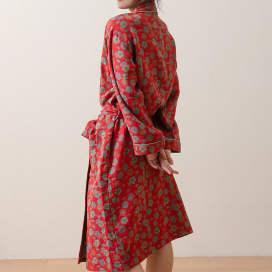 Plum Blossom Cotton Bathrobe With Tie - Red - L - image 0