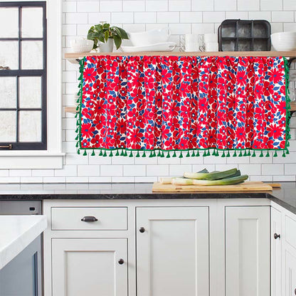 Red Flower Print Tassel Tier Curtain - image 5