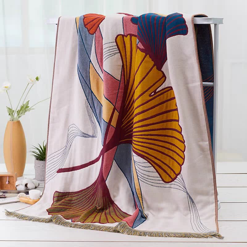 Ginkgo Leaf Cotton Gauze Tassel Bath Towel - image 1