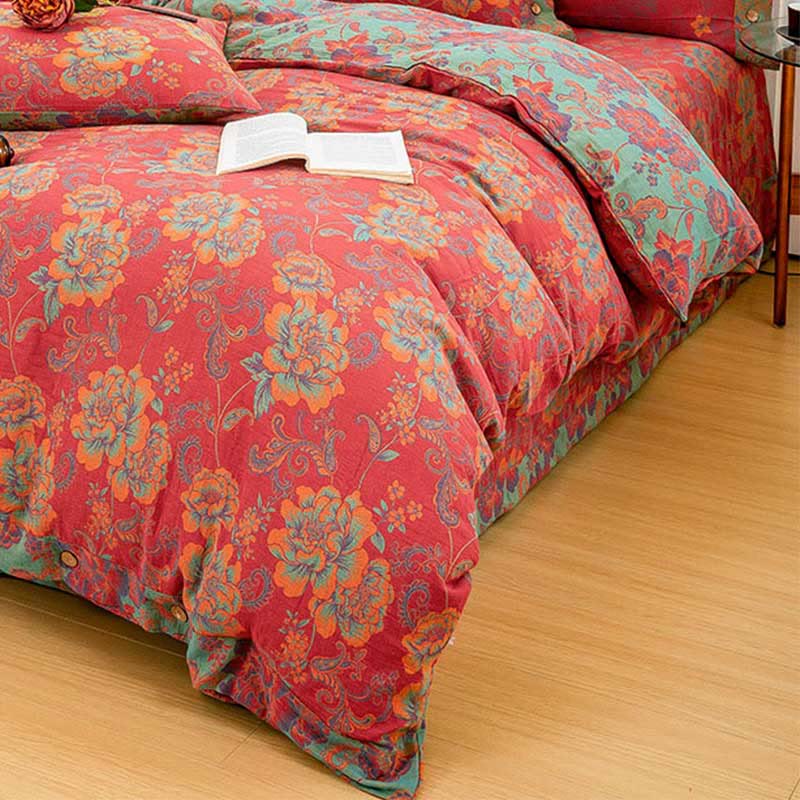 Flower Print Red Cotton Bedding Sets(4PCS) - image 2