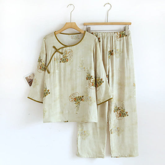 Retro Floral Bamboo Fiber Pajama Set - Green - XL - image 0